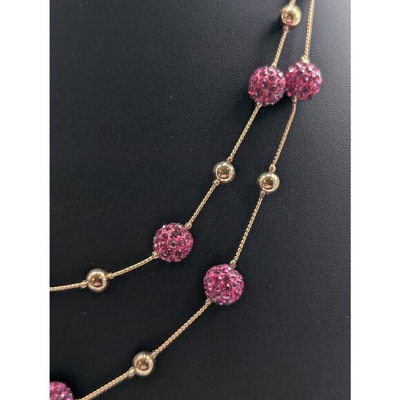 Two Strand Gold Tone Pink Razzle Dazzle Disco Ball Bead 18"-21" Necklace - Picture 4 of 8
